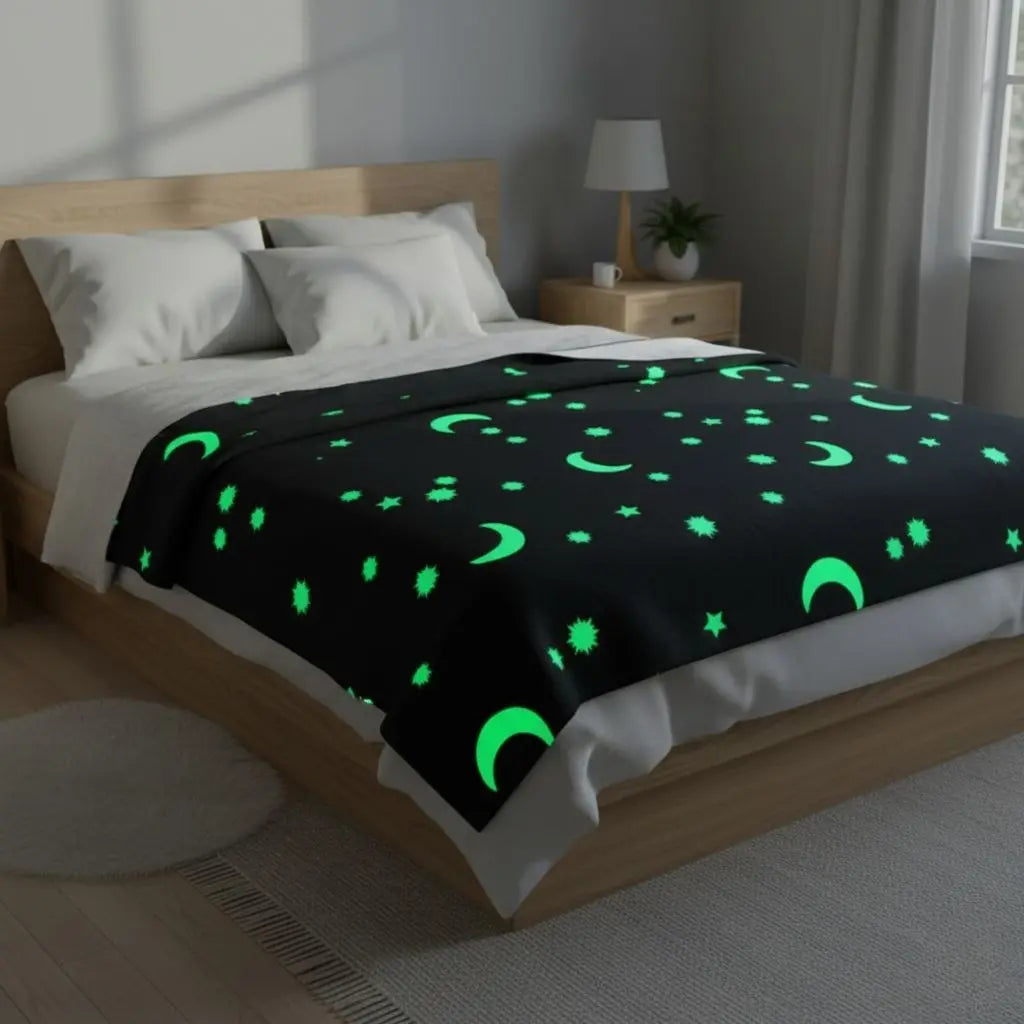 Star moon blanket showing phosphorescent constellation pattern on ultra soft microfiber fabric