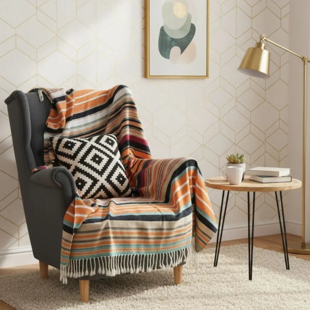Acrylic blanket with tassel edges and vibrant striped design for cozy layering