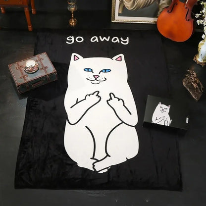 Black blanket with a white cat illustration and 'go away' text on a dark surface.