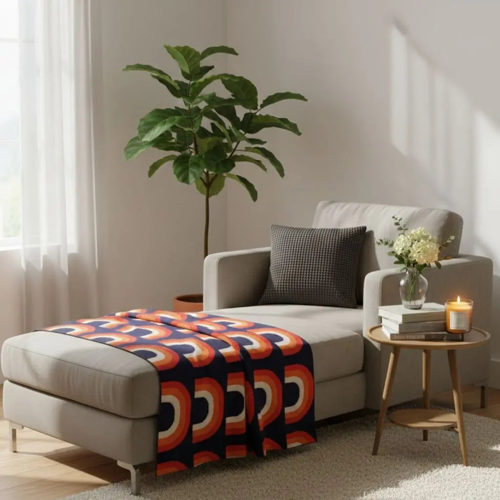 Cotton knit throw blanket featuring vibrant rainbow arch design for sofa and bed use