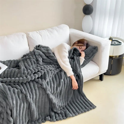 Heavy flannel throw blanket with ribbed polyester texture for winter bedding