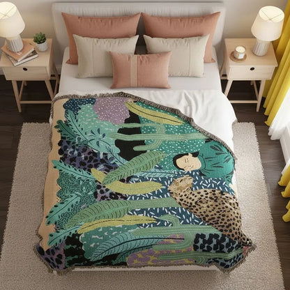 Cotton acrylic woven blanket with contemporary artistic pattern for camping and home decor