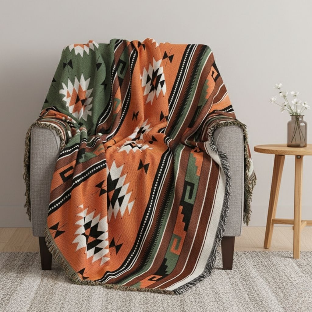 Boho geometric outdoor blanket with vibrant patterns cotton polyester blend for picnic and home use