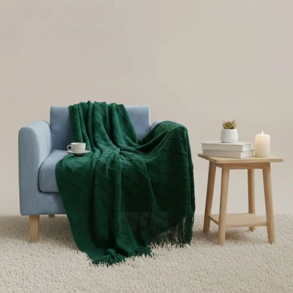 Nordic style knit throw with tassel details in textured cashmere fabric