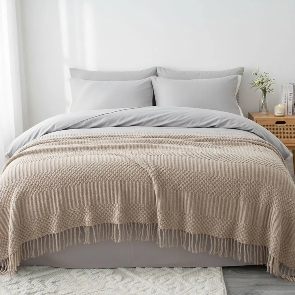 Textured polyester blanket with fringe detail for naps and sofa styling