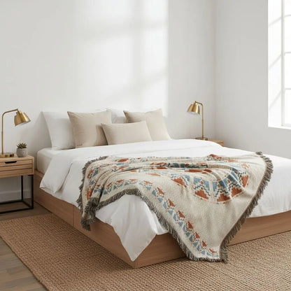 Tarot moon throw with celestial mystical design and woven spiritual texture for bohemian home styling