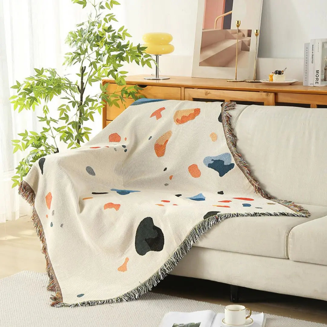 Durable polyester cotton blanket featuring abstract starry sky design in soft shell hues