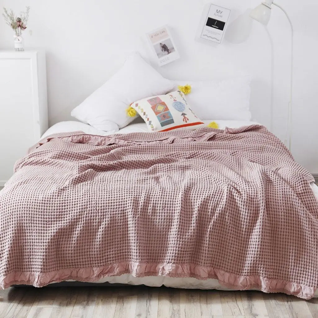 Waffle weave cotton throw with lace border for lightweight bedding layers