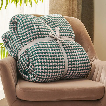  Geometric patterned wool blanket draped over sofa for modern living room comfort