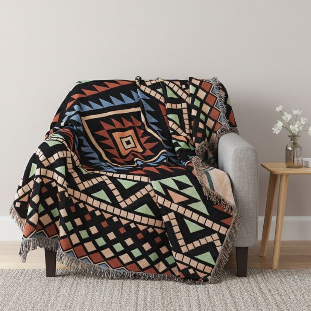 Multipurpose boho picnic blanket outdoor dining geometric design portable cotton blend throw