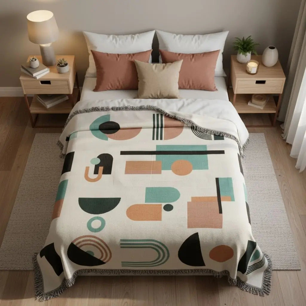 Woven blanket used as wall hanging textile art creating striking room accent