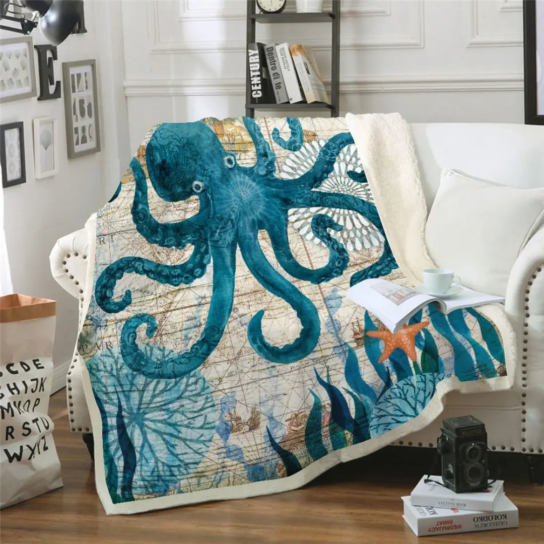 Soft coral fleece blanket with ocean inspired design for beds and sofas