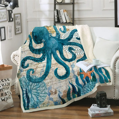 Soft coral fleece blanket with ocean inspired design for beds and sofas