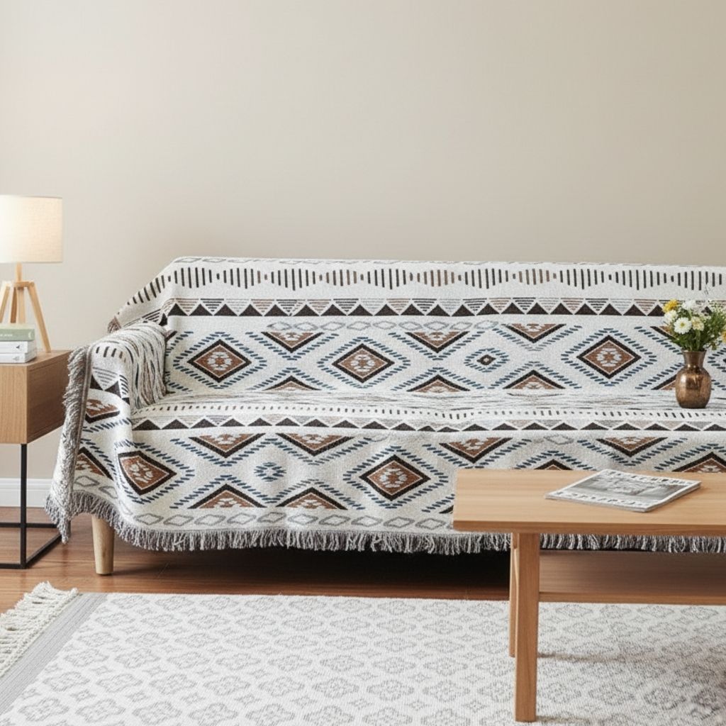 Double sided geometric sofa blanket cotton polyester blend reversible throw with fringe trim