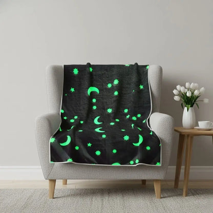 Glow in the dark microfiber blanket with celestial star and moon pattern for bedroom comfort