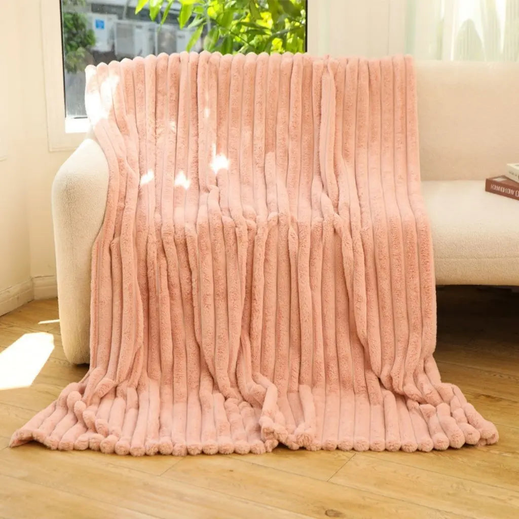 Textured rabbit fur throw blanket with striped design for living room comfort