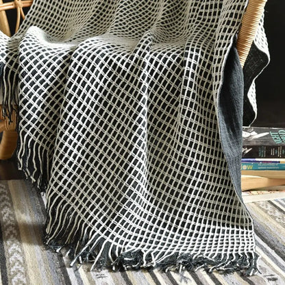 Geometric textured wool blanket with waffle pattern for bedroom and bed layering
