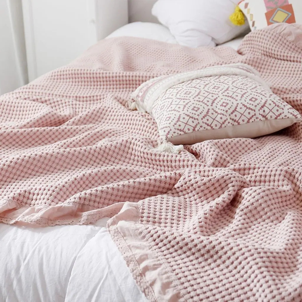 Cotton coverlet with waffle texture and lace trim accent for bedroom styling
