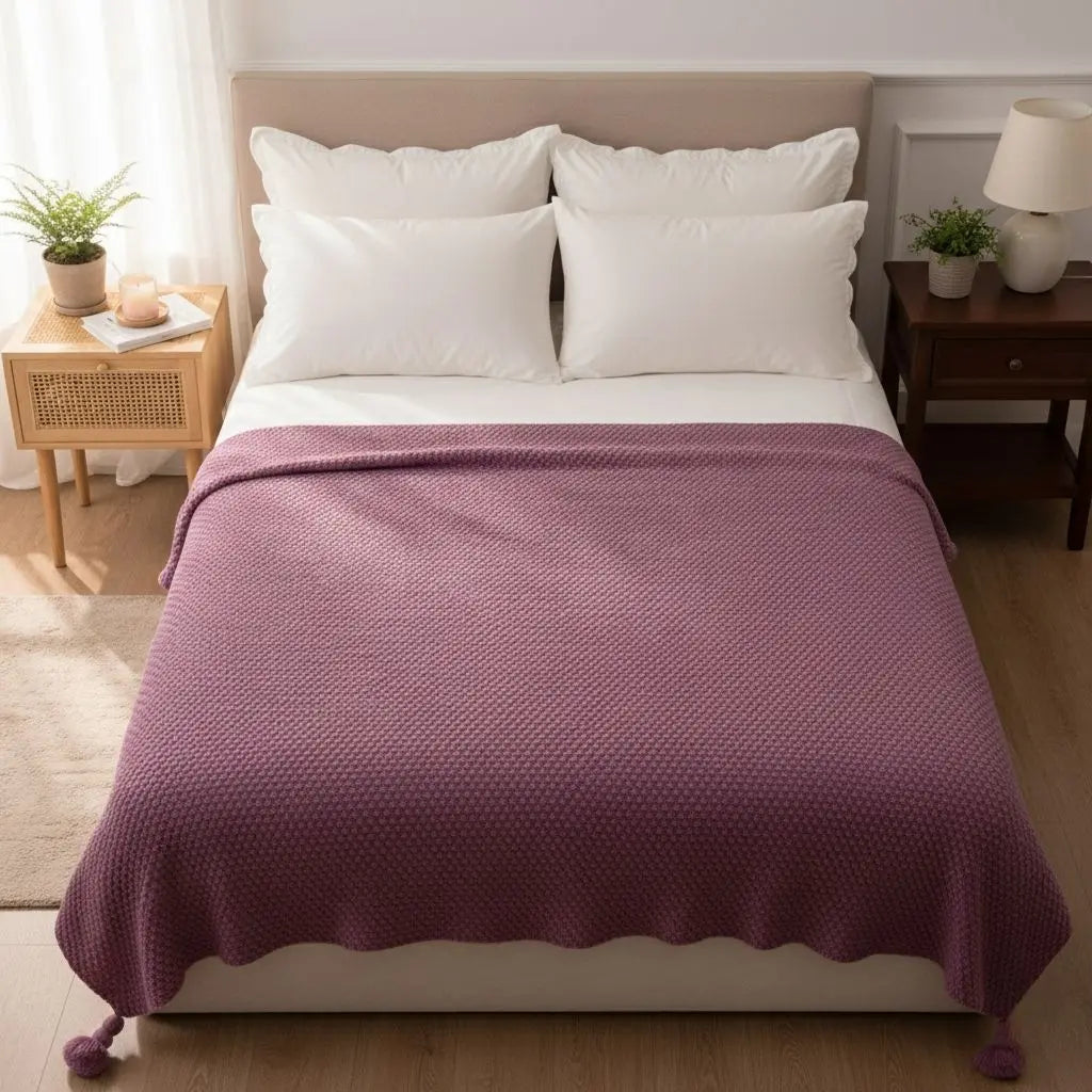 Knit blanket with tassel fringe in neutral color for sofa and bedroom decor