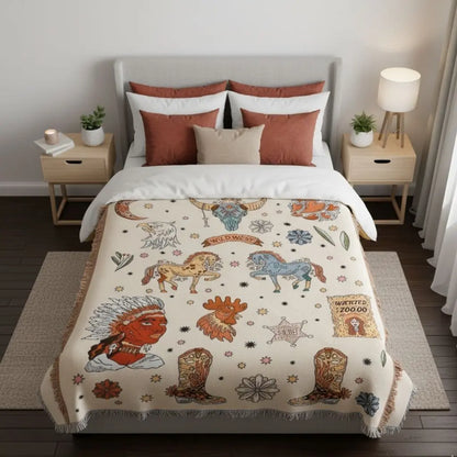 Cotton blend blanket with intricate decorative weave perfect for bedroom and creative spaces