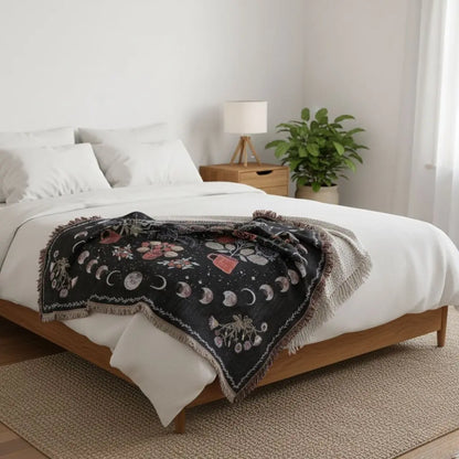 Tarot moon blanket with mystical woven design and celestial motifs for bohemian spiritual home accent