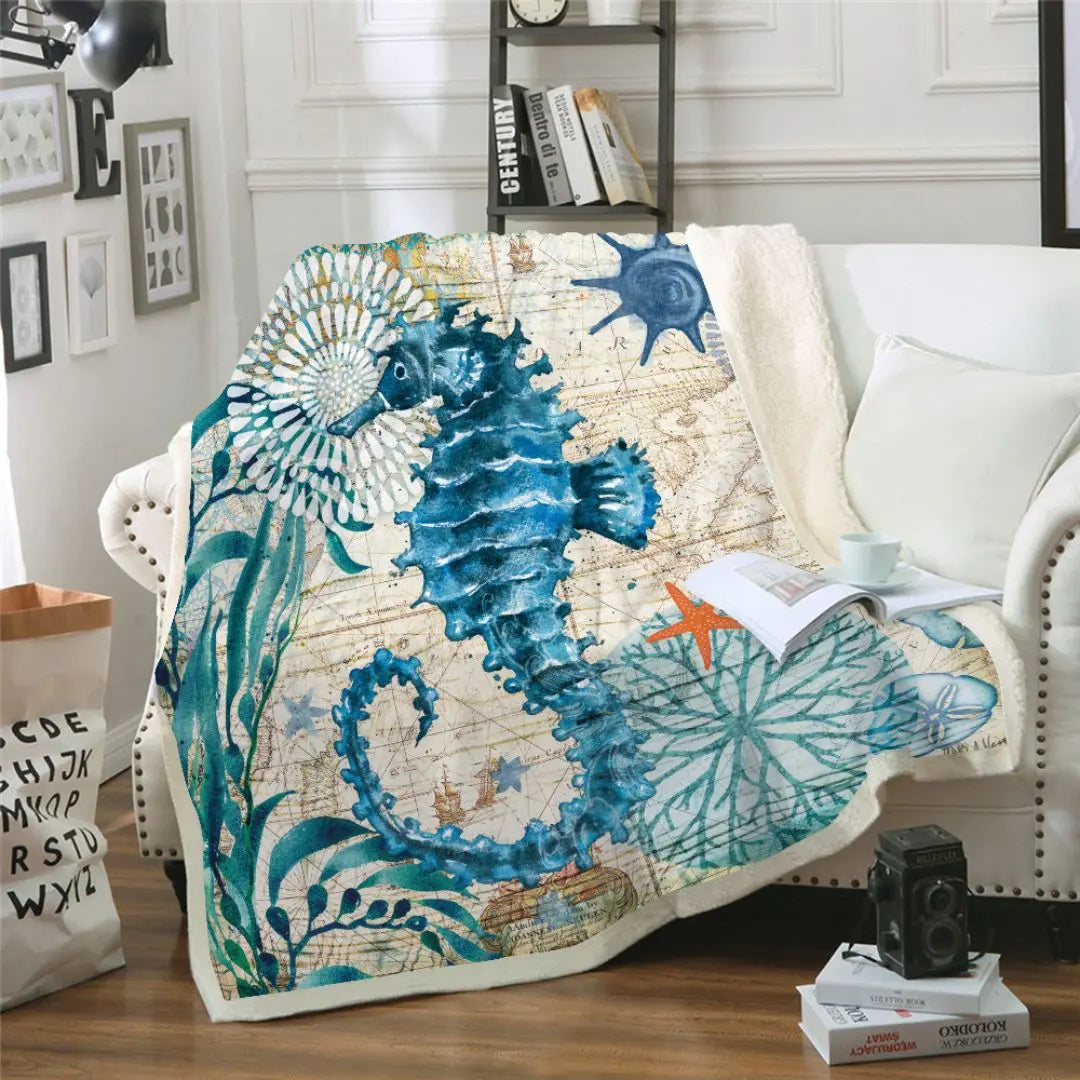 Ocean themed coral fleece blanket ideal for sofas and beds