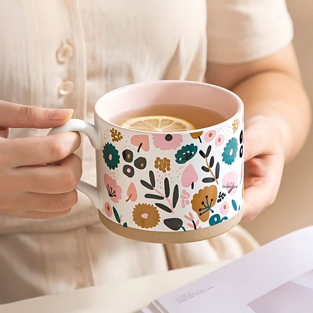 Person holding a floral-patterned mug with a drink, wearing a light-colored shirt.