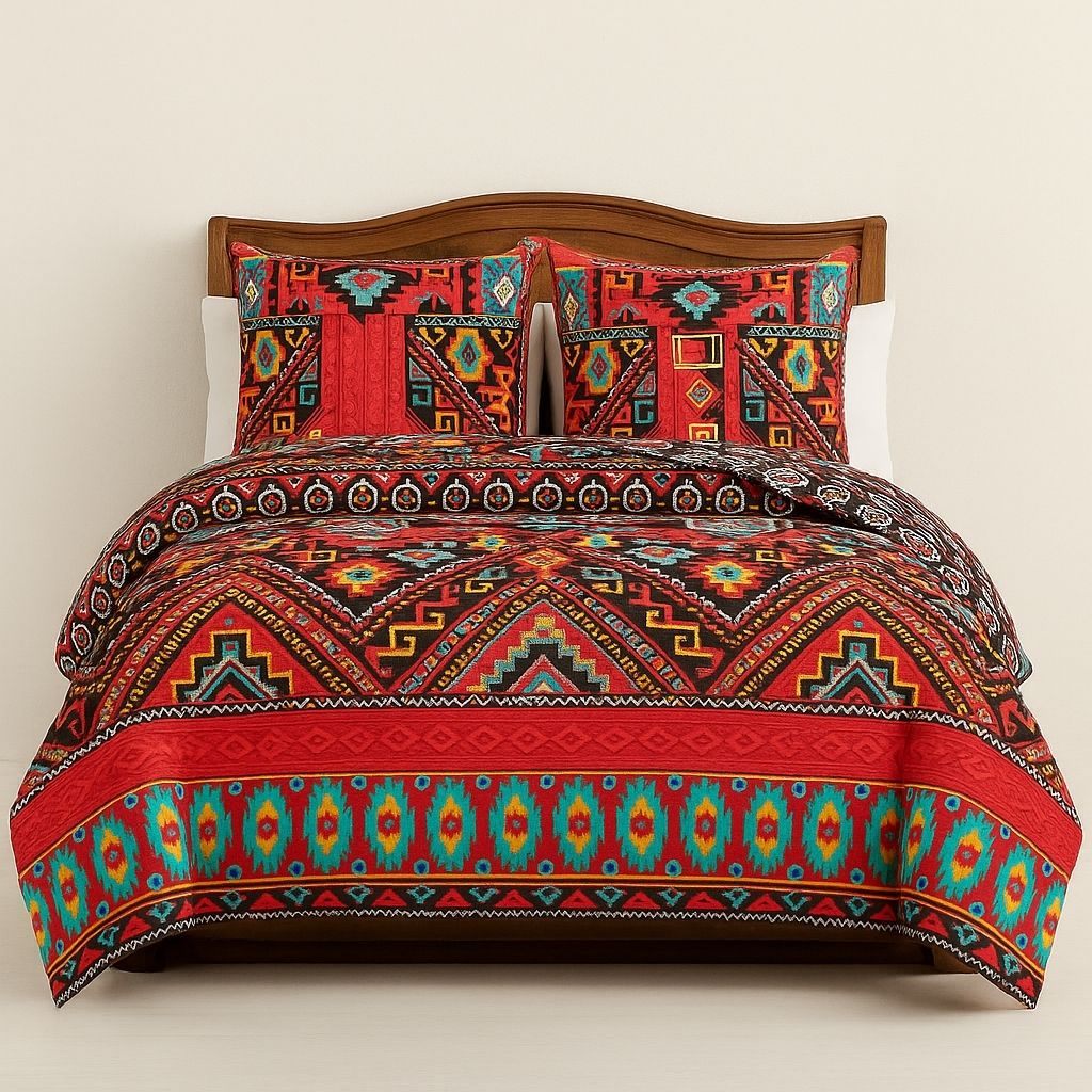 Geometric bohemian bedding set featuring bold tribal motifs and golden accents on soft polyester fabric