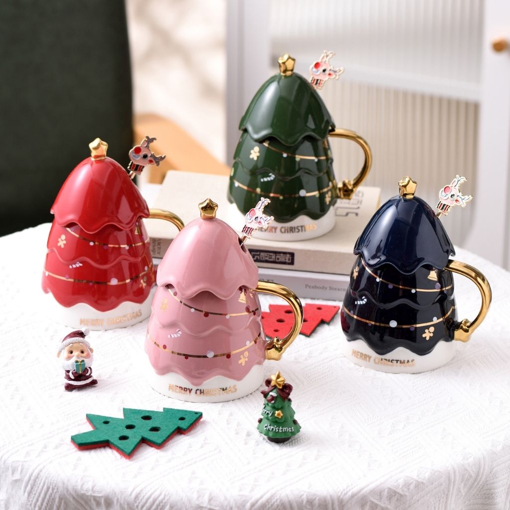 Ceramic tree mug with smooth glaze finish and coordinating lid displayed in box