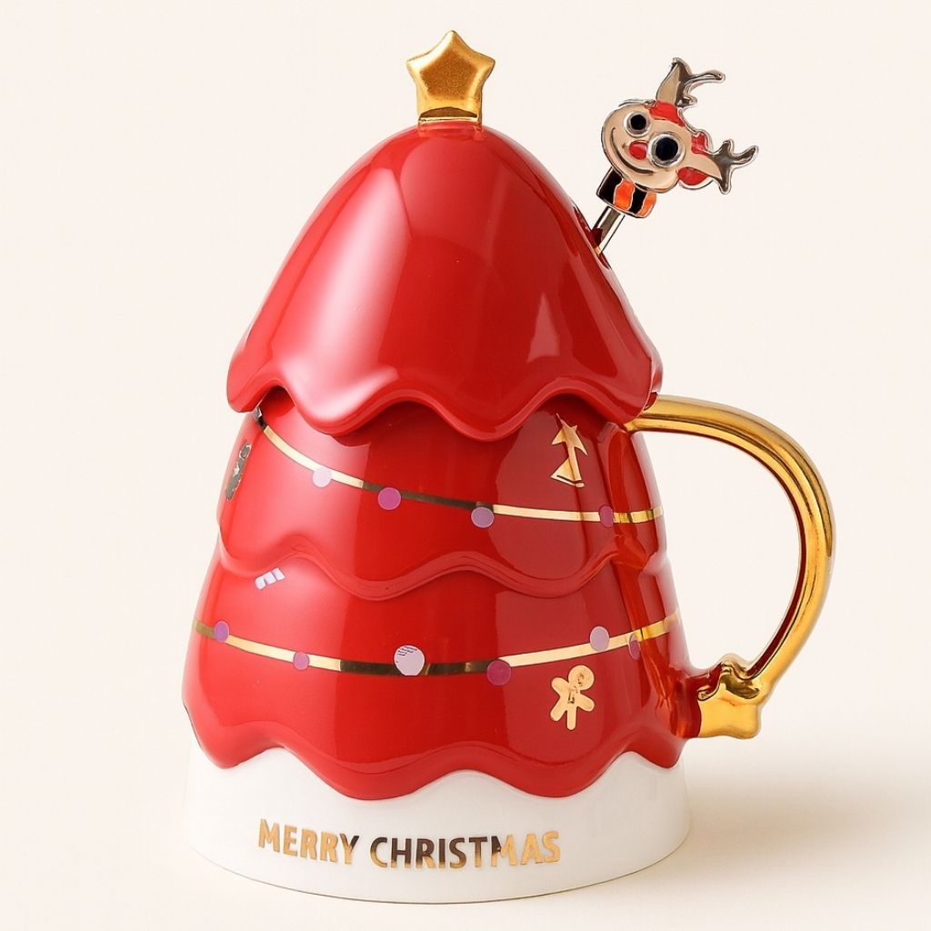 Ceramic christmas mug with removable lid and spoon shown in seasonal gift packaging
