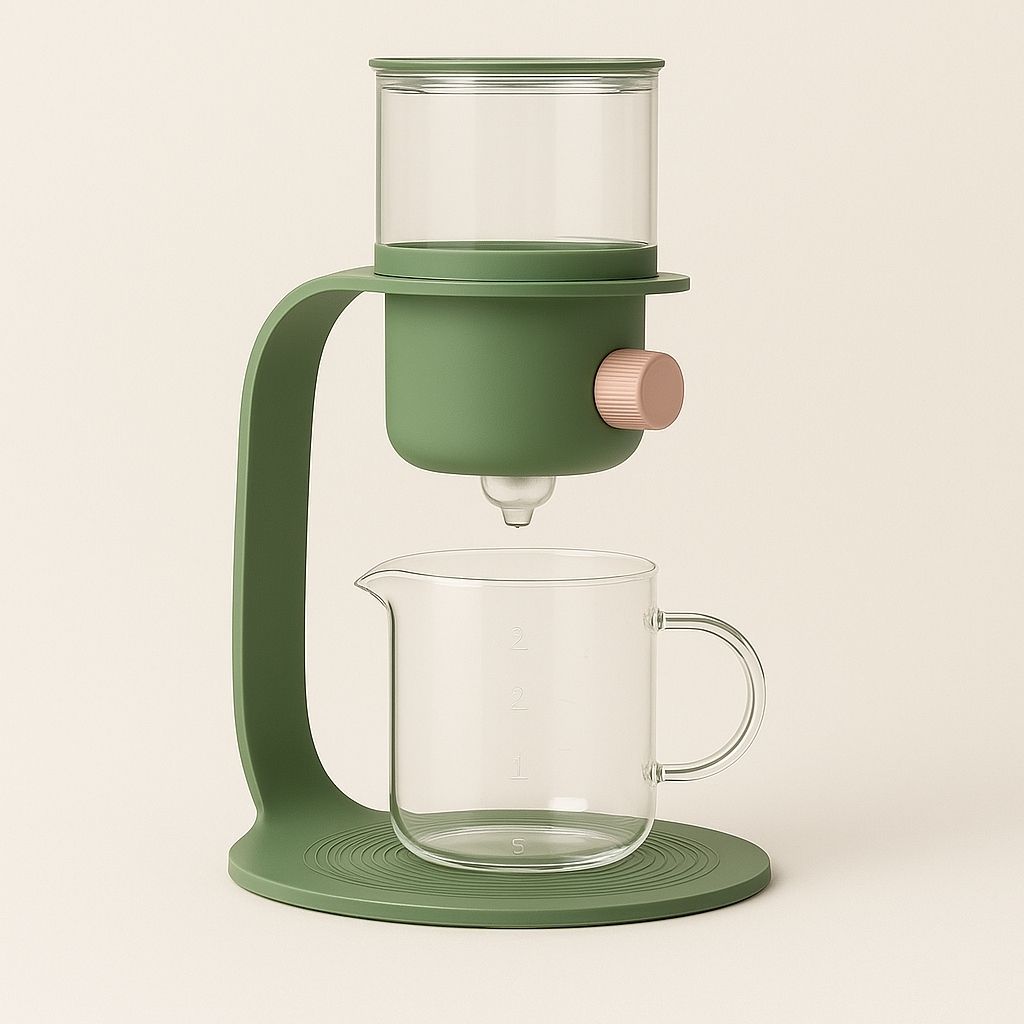 Green tea maker with clear glass carafe on a beige background