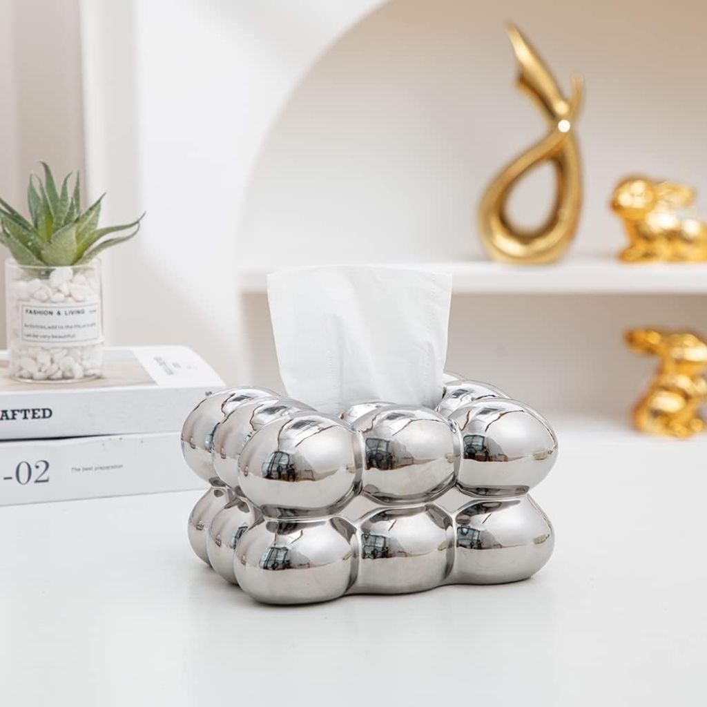 Stylish ceramic tissue dispenser with bubble pattern, perfect for office desks and vanity spaces