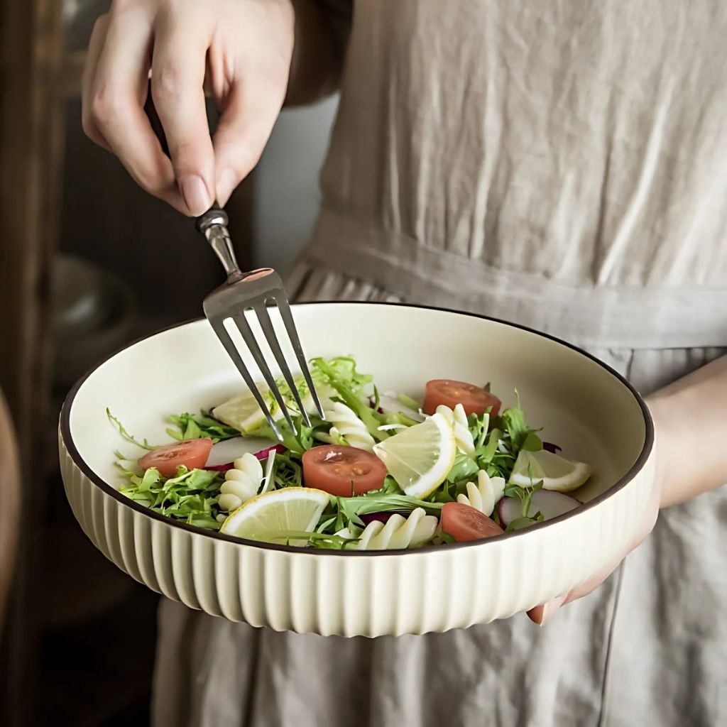 Handcrafted ceramic dinner plate with Nordic vintage design and glazed finish for modern dining
