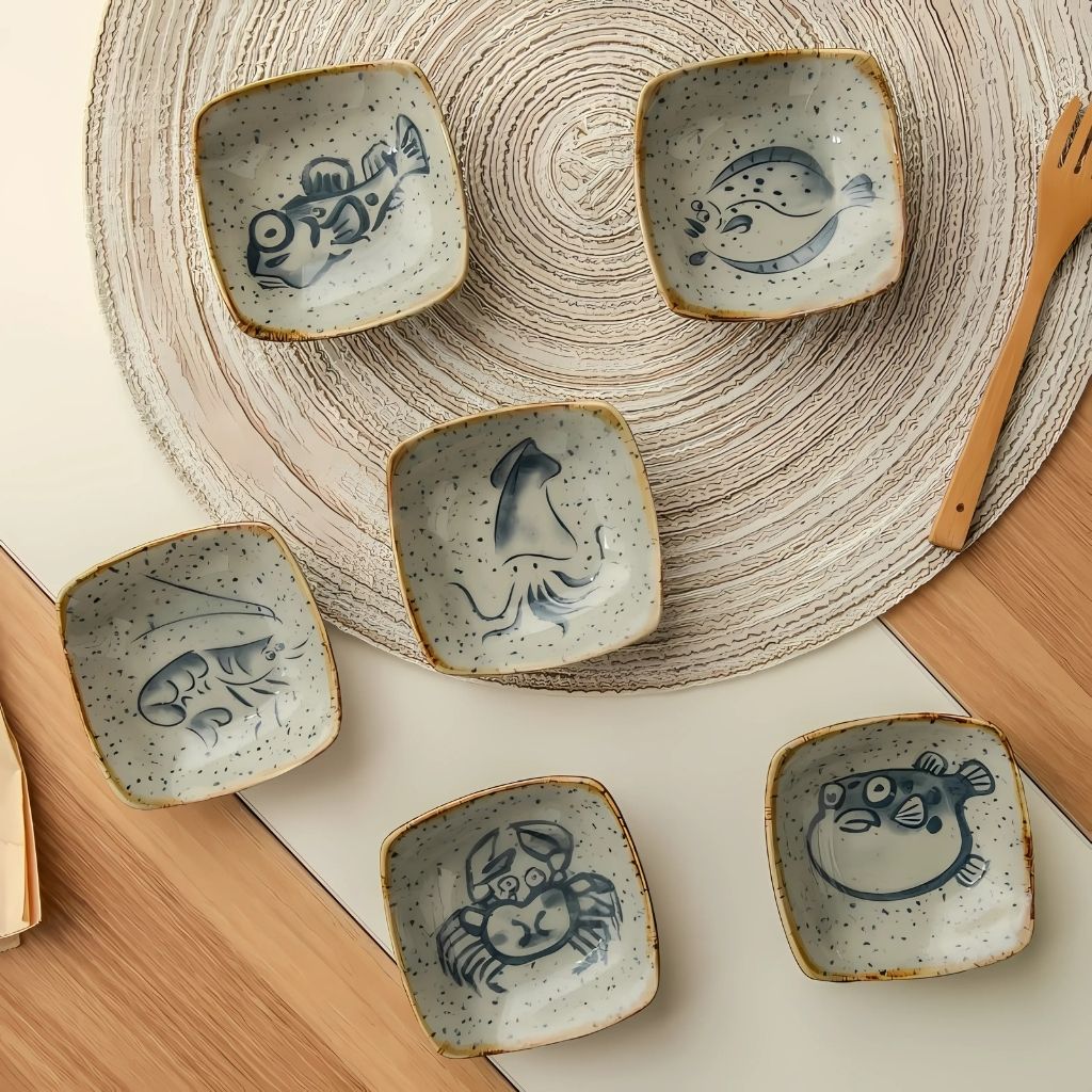 Speckled ceramic glaze with intricate sea life motifs creating unique coastal dining aesthetic