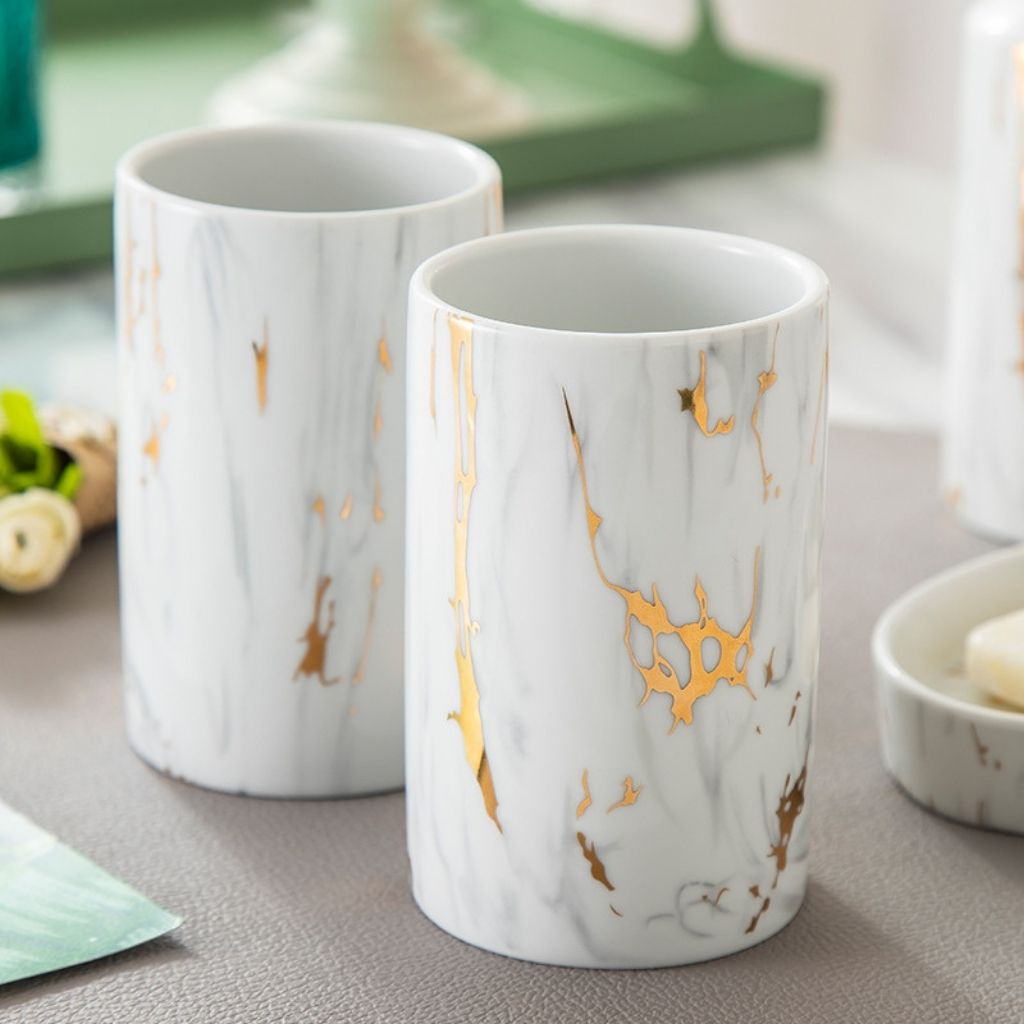  Ceramic bathroom set with marble finish and gold accents, 4-piece wash kit for modern bathroom organization