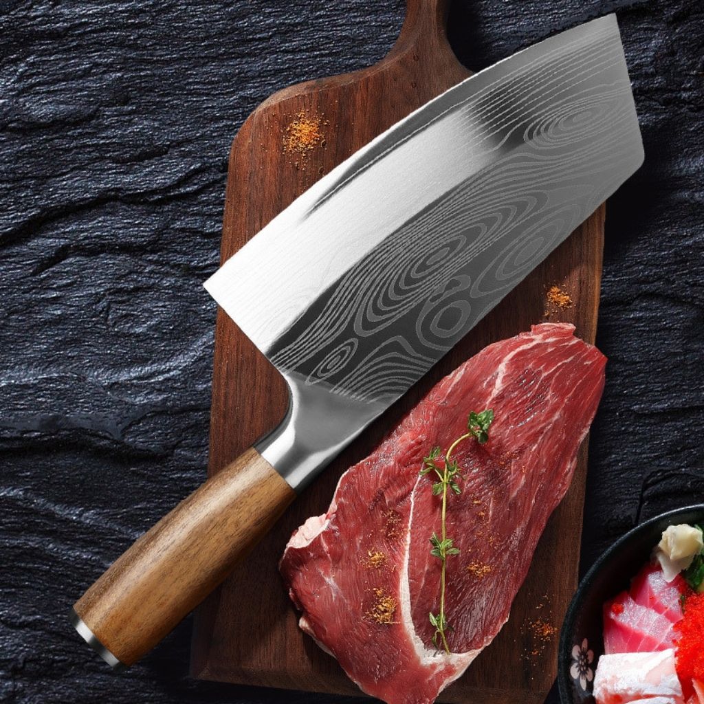  Chef knife in action cutting vegetables, demonstrating sharp blade performance for kitchen food prep