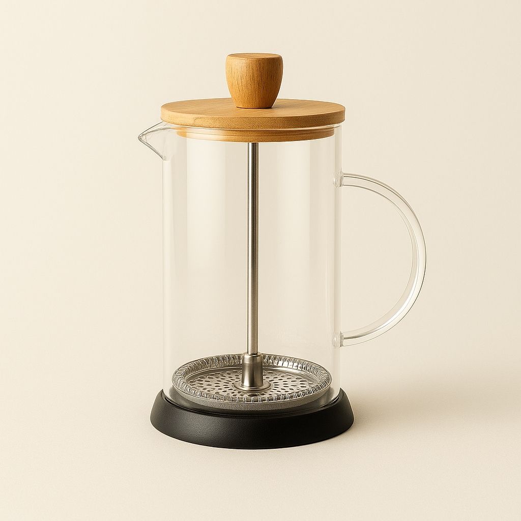 Glass french press brewing fresh coffee with precision stainless steel filter system