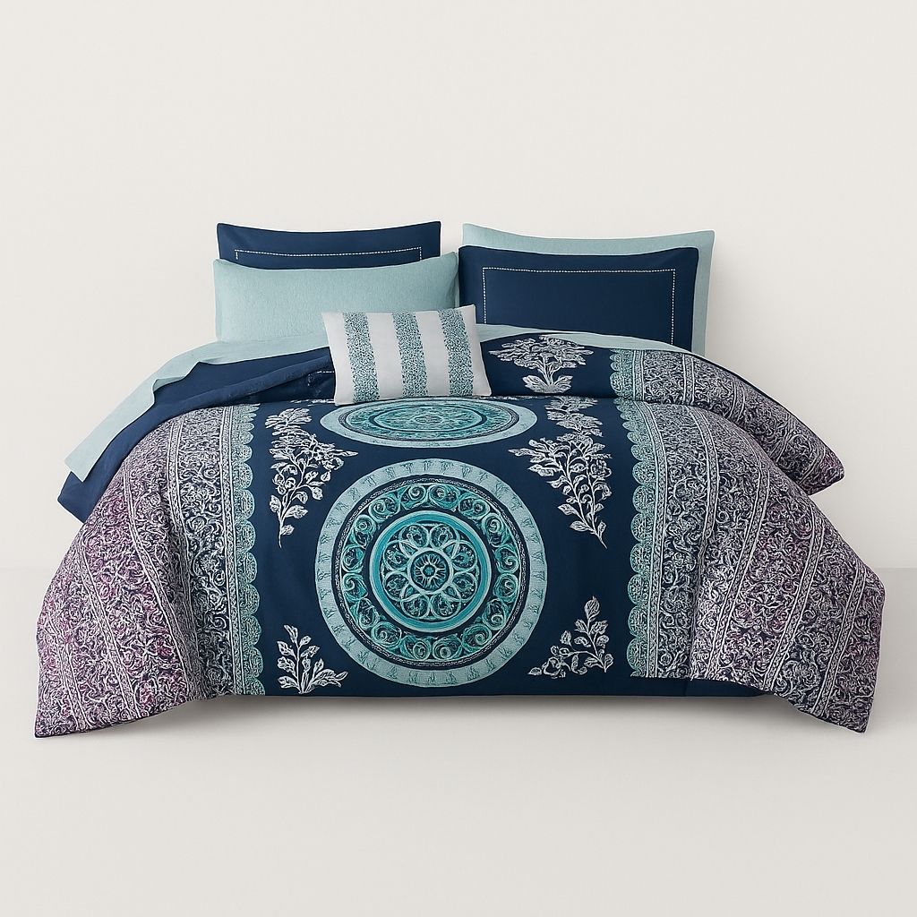 Boho comforter set queen with medallion patterns in navy teal purple, complete microfiber bedding collection
