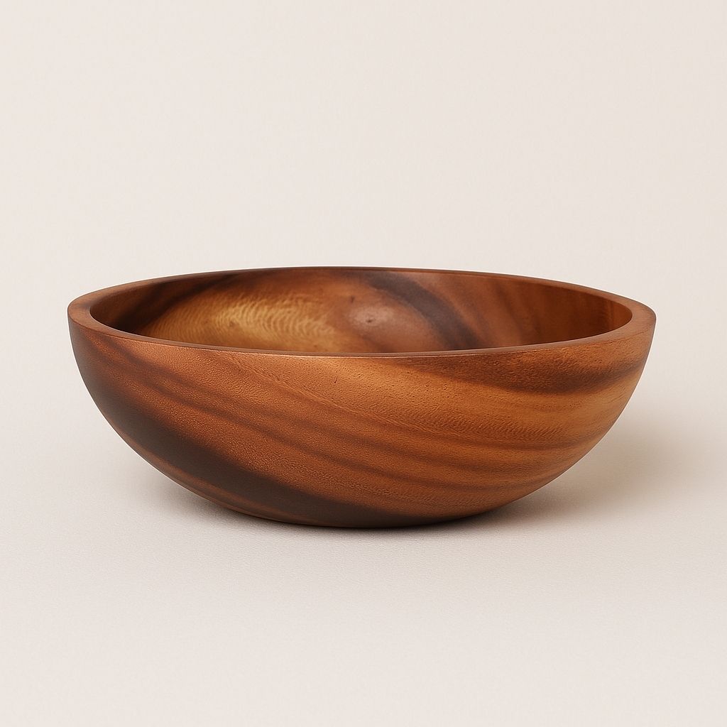 Wooden bowl with a natural finish on a beige background