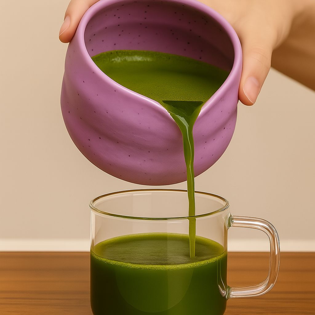 Pouring matcha from the Hanaoki Bowl into a clear glass on a wooden surface.