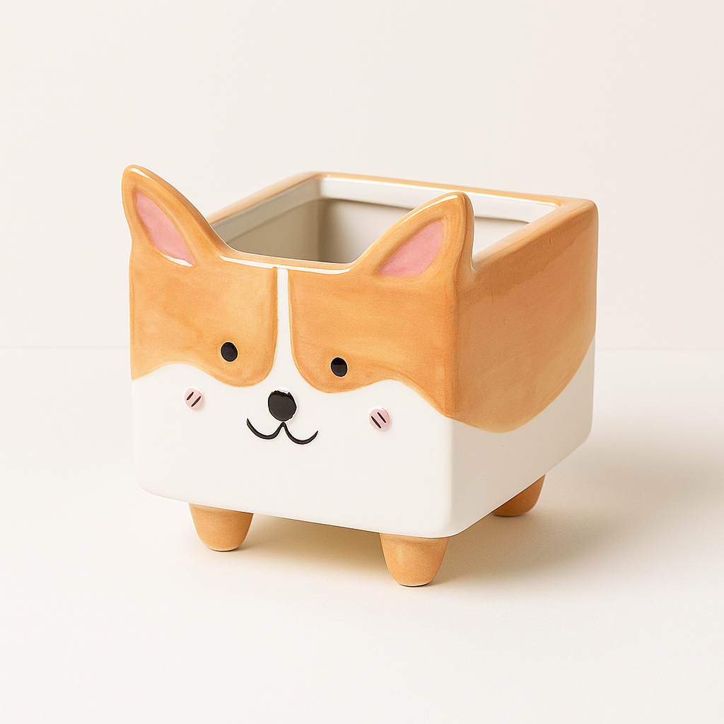 Corgi & Lamb Cartoon Ceramic Plant Pot with hand-painted animal faces and four-legged base design