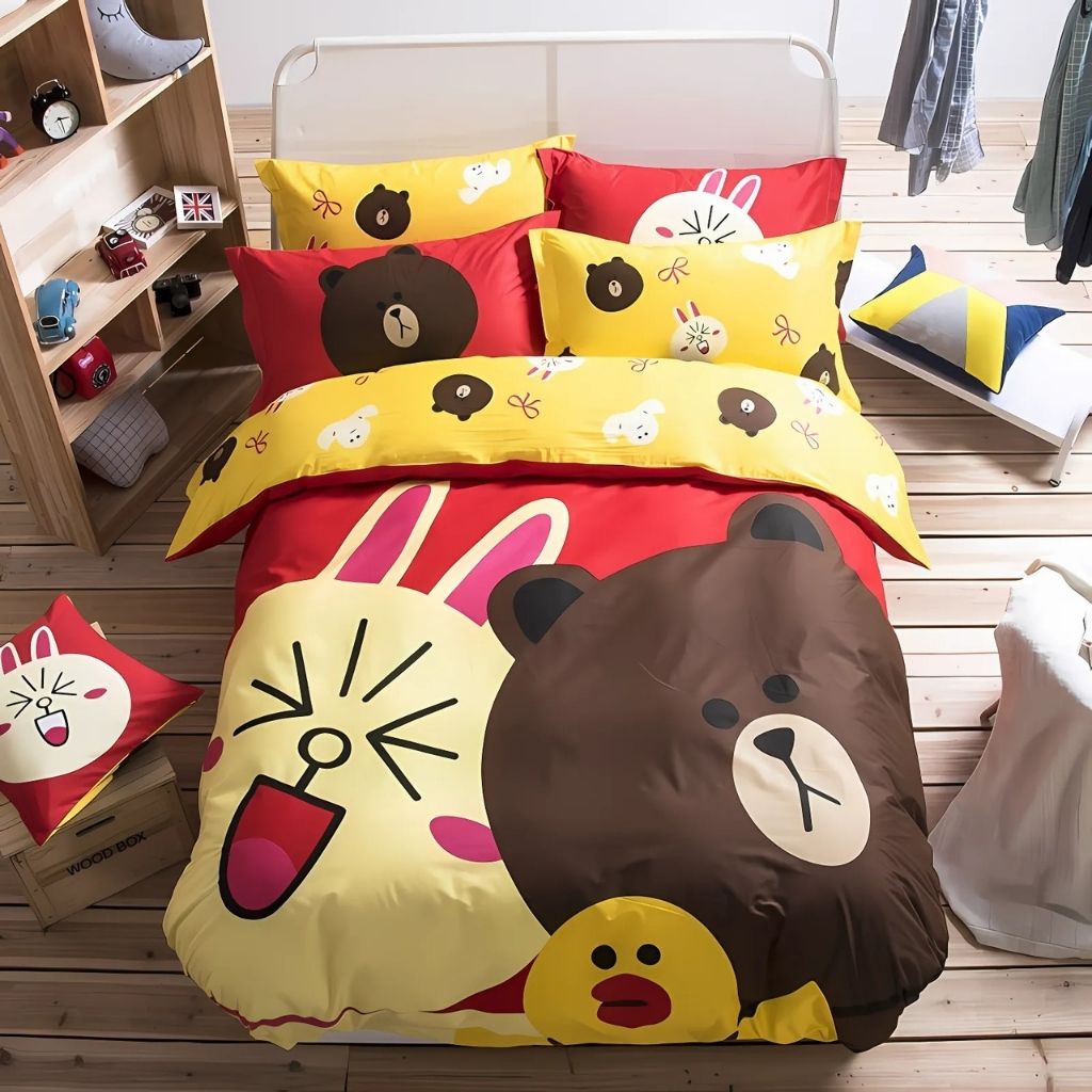 Cotton cartoon bedding set size guide showing quilt cover and sheet dimensions for kids beds