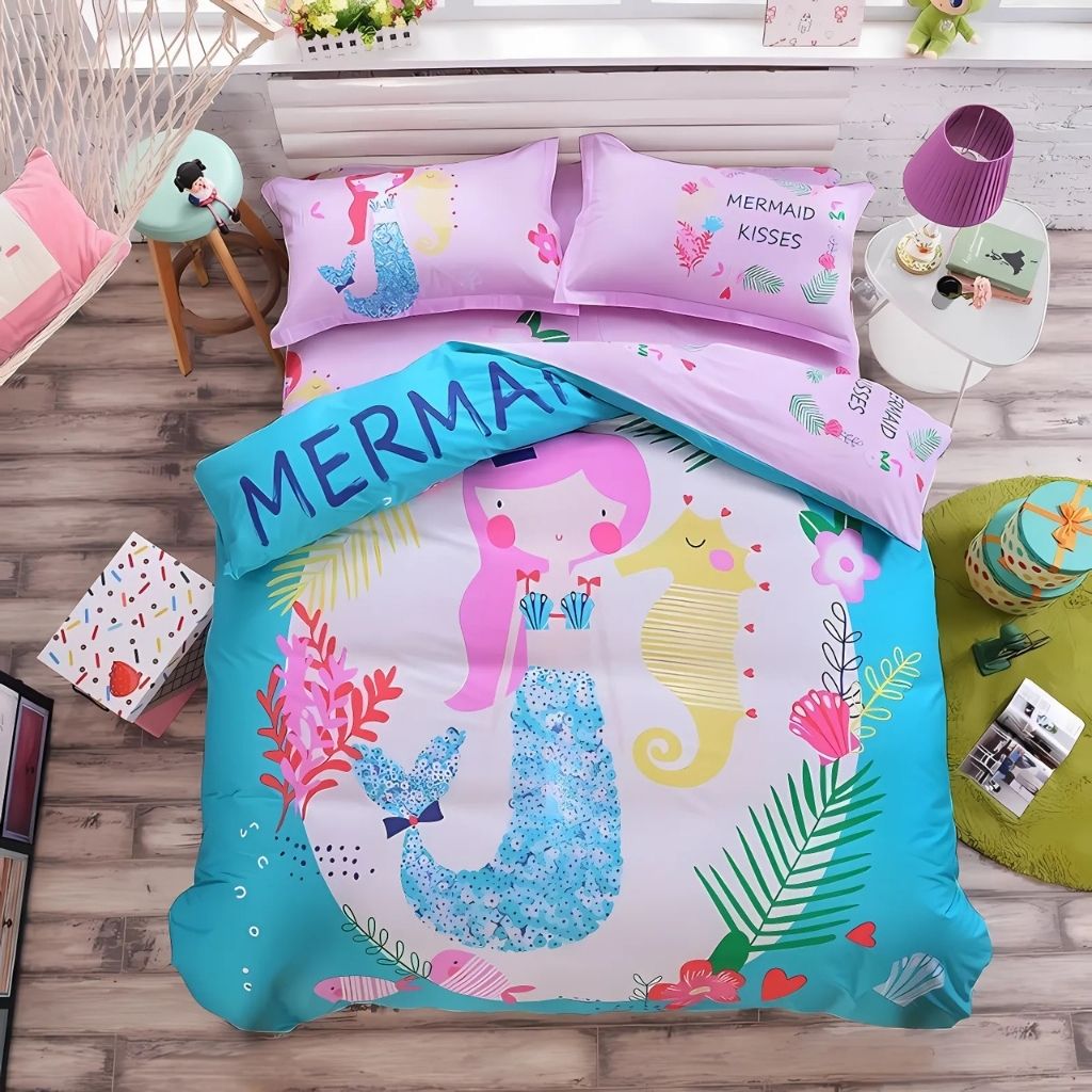 Kids bedroom featuring cartoon cotton bedding set with coordinated quilt cover and pillowcases