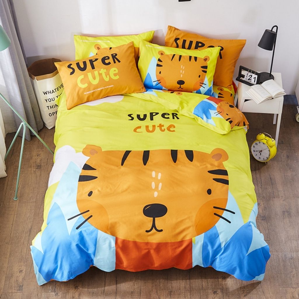 Close-up of cartoon print cotton bedding with reactive dye technology for fade-resistant colors