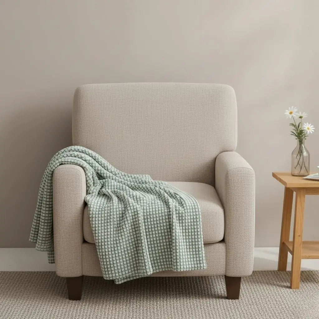 Soft polyester throw blanket draped on sofa for cozy living room comfort and relaxation