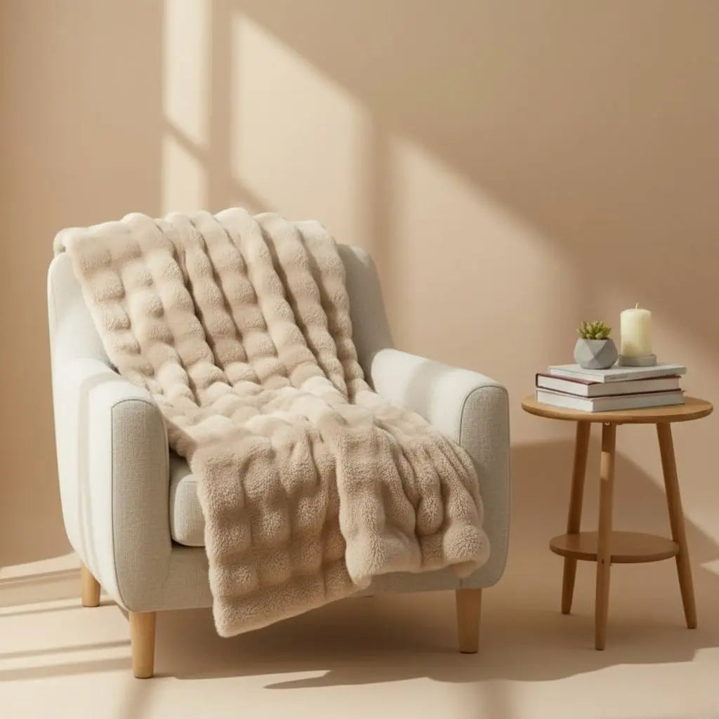 Angora velvet throw blanket with rabbit fur texture in solid color for bedroom décor