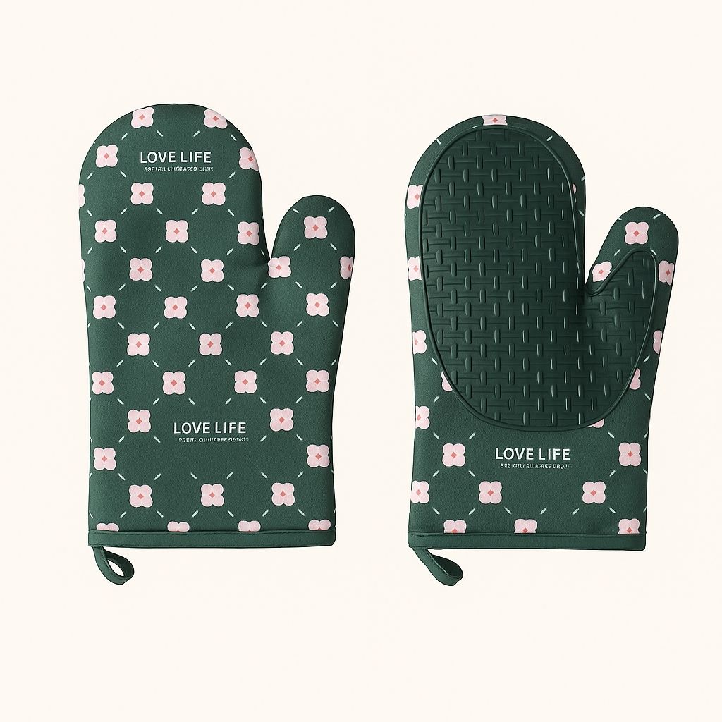 Green oven mitts with pink floral pattern and 'Love Life' branding on a white background