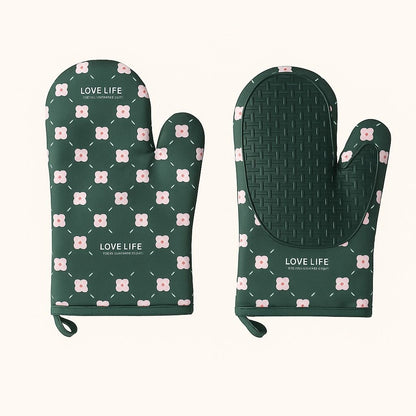 Green oven mitts with pink floral pattern and 'Love Life' branding on a white background