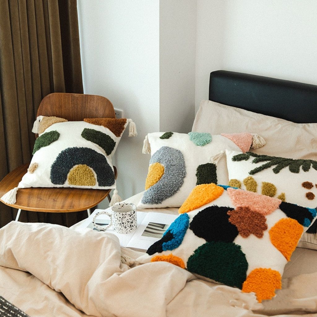 Textured cotton pillowcase with tufted abstract design, square 18x18 decorative cushion cover