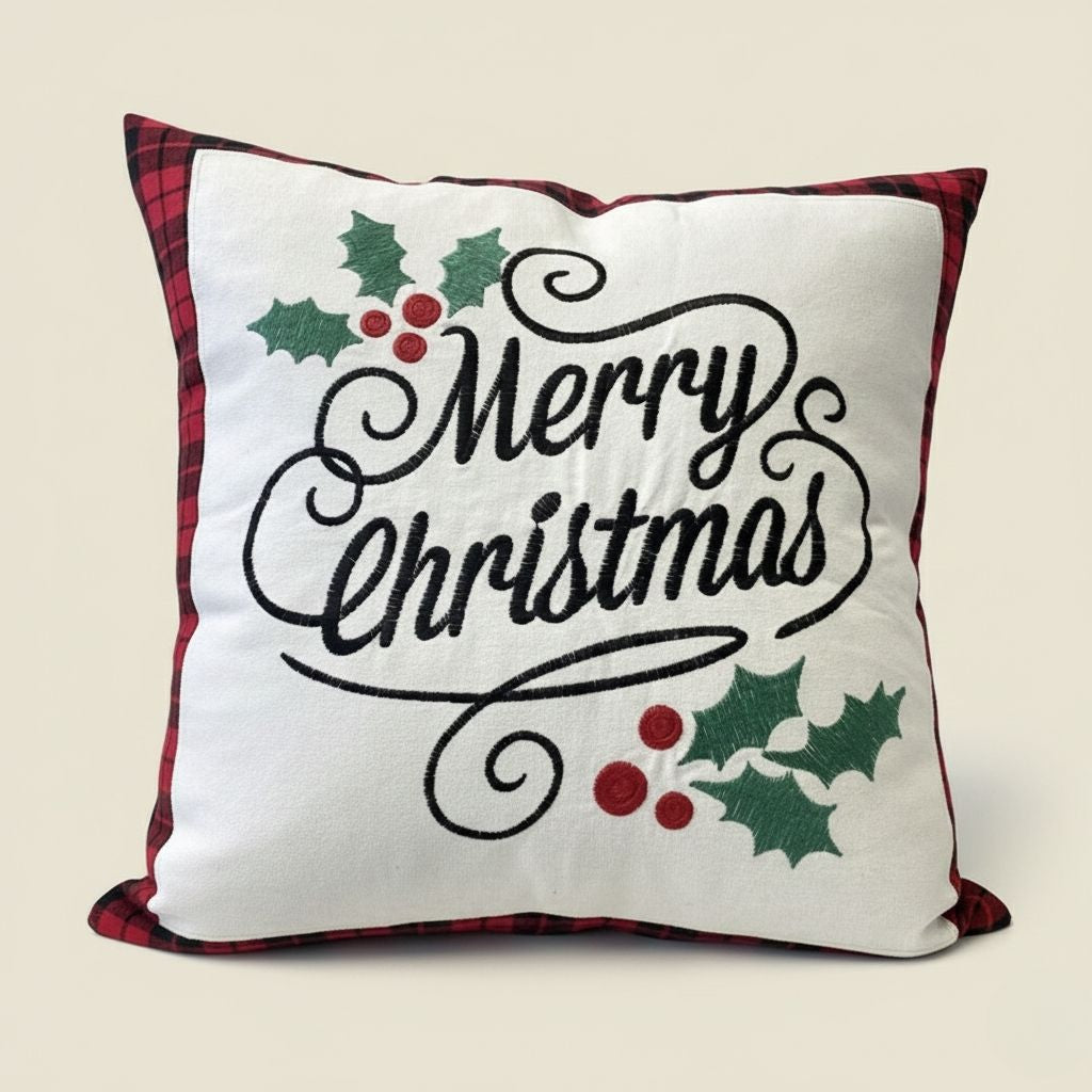Embroidered cushion cover featuring festive text and red plaid edge detail